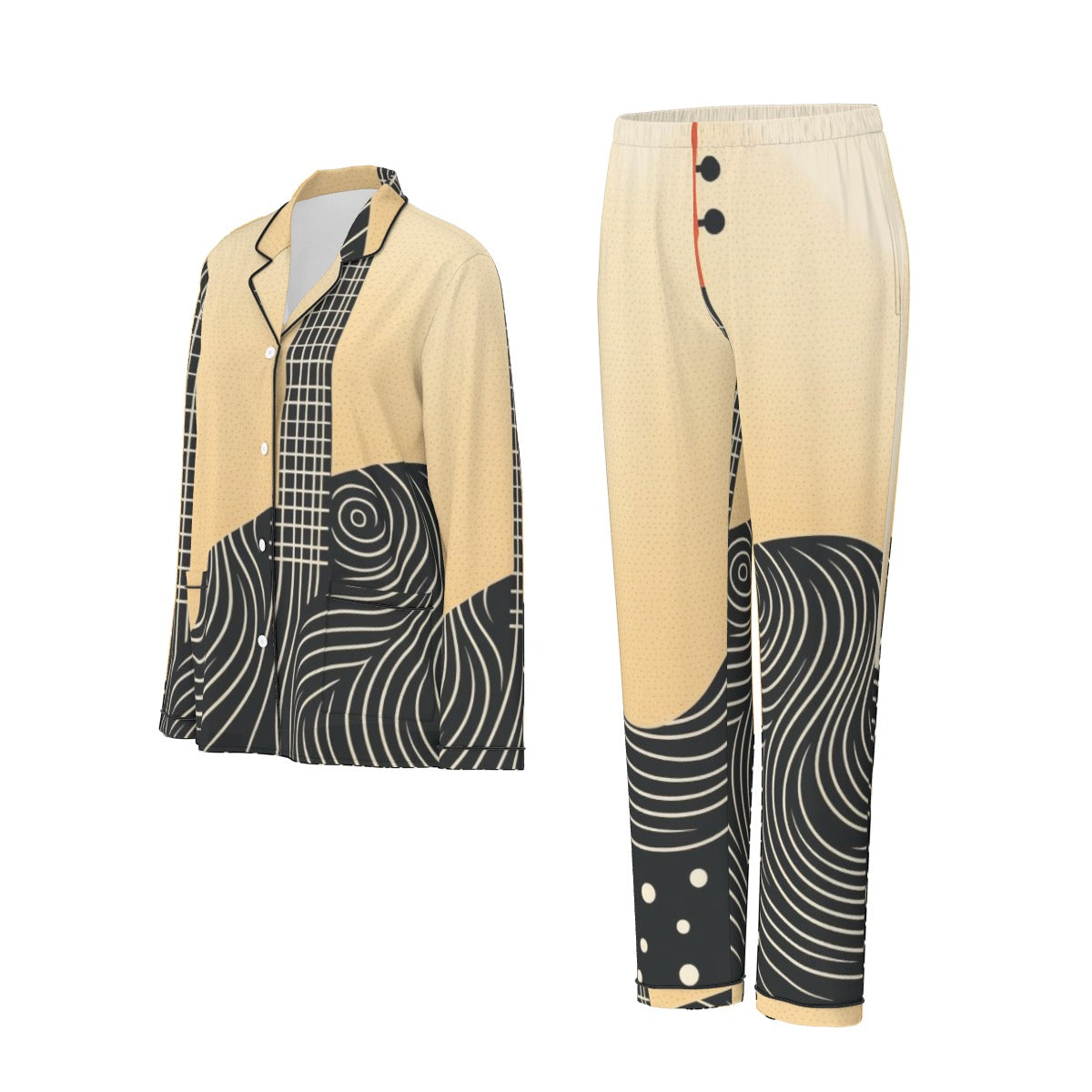 All-Over Print Women's Long Sleeve Pajama Set With Black Contrast Piping