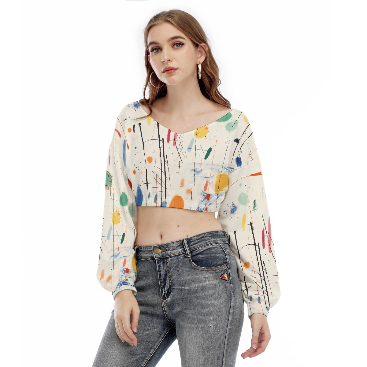 All-Over Print Women's V-neck Long Sleeve Cropped Sweatshirt