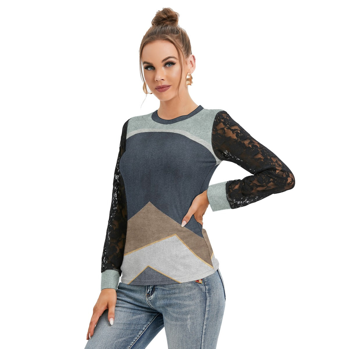 All-Over Print Women's T-shirt And Sleeve With Black Lace