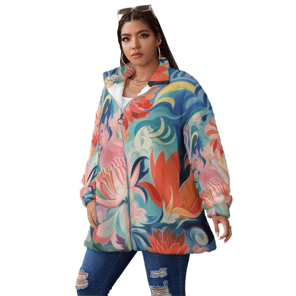 All-Over Print Unisex Borg Fleece Stand-up Collar Coat With Zipper Closure(Plus Size)