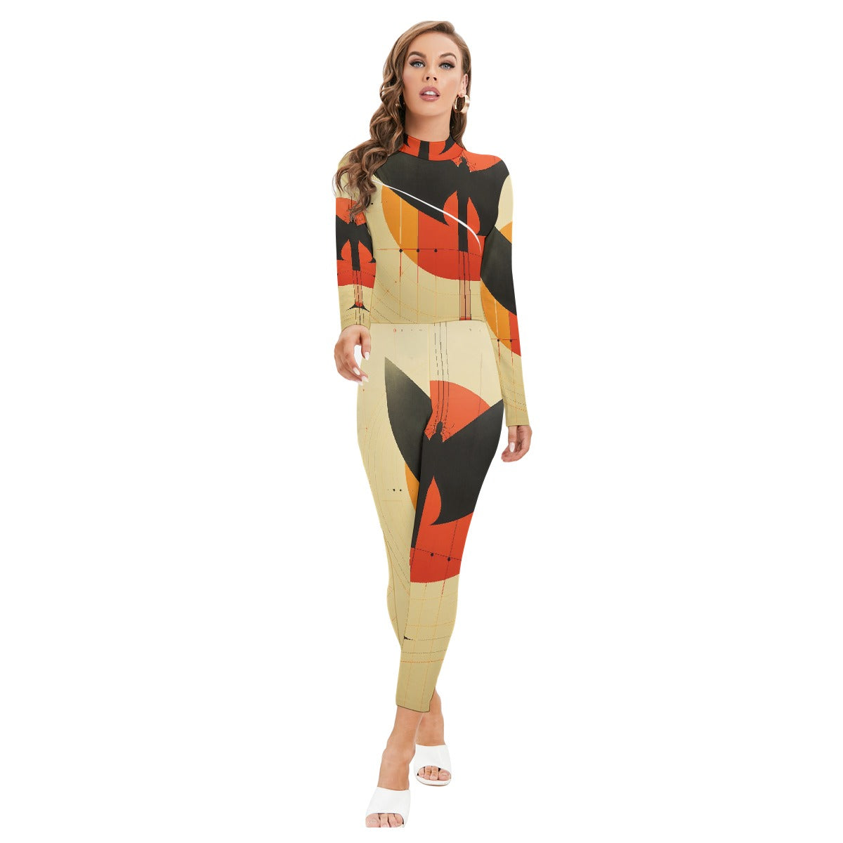 All-Over Print Women's Long-sleeved High-neck Jumpsuit With Zipper