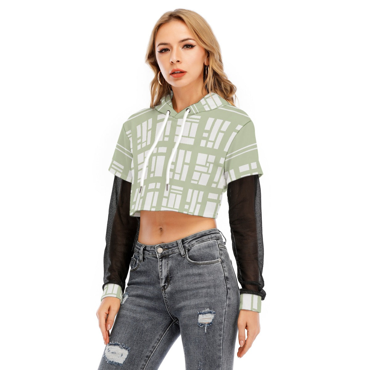 All-Over Print Women's Fake Two-piece Mesh Sleeve Cropped Hoodie