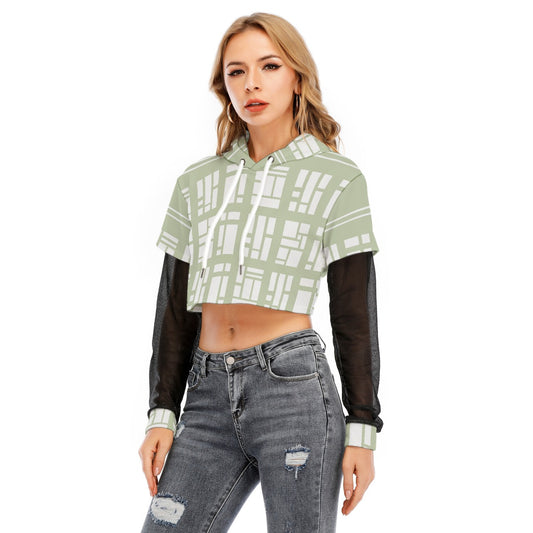 All-Over Print Women's Fake Two-piece Mesh Sleeve Cropped Hoodie