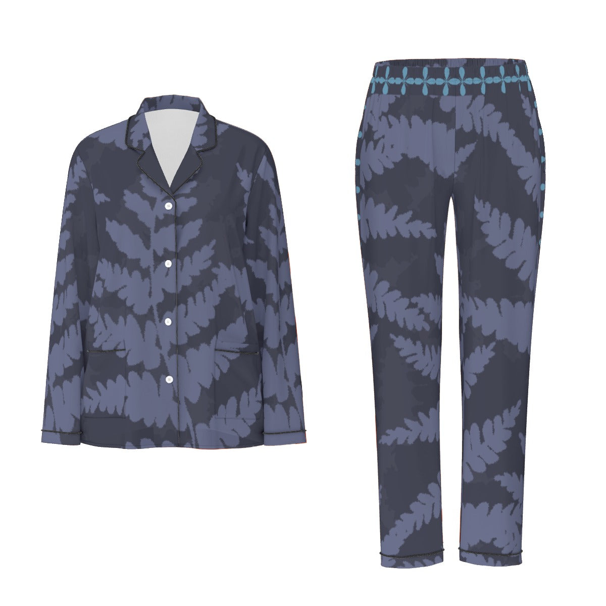 All-Over Print Women's Long Sleeve Pajama Set With Black Contrast Piping