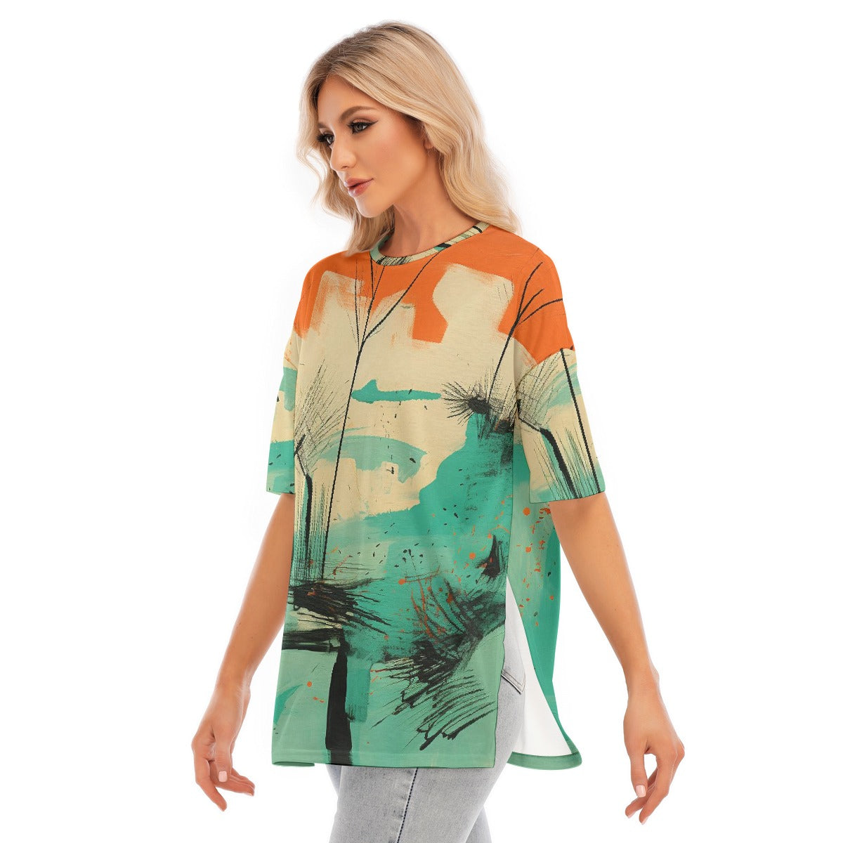 All-Over Print Women's Short Sleeves T-shirt With Hem Split