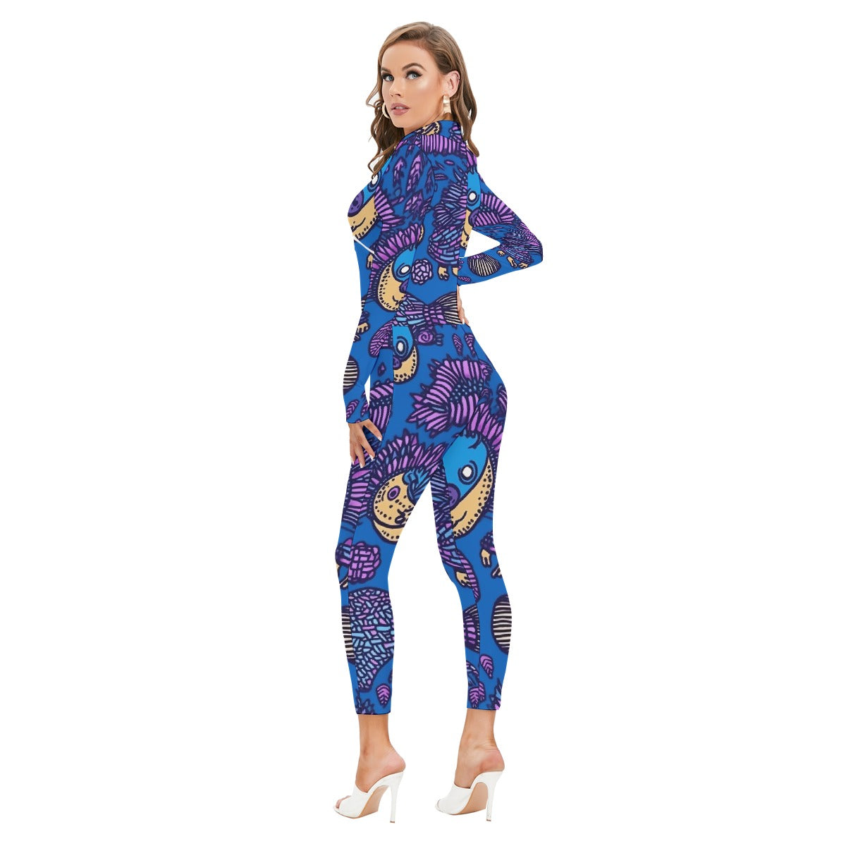 All-Over Print Women's Long-sleeved High-neck Jumpsuit With Zipper