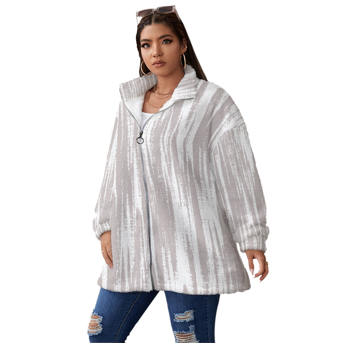 All-Over Print Unisex Borg Fleece Stand-up Collar Coat With Zipper Closure(Plus Size)