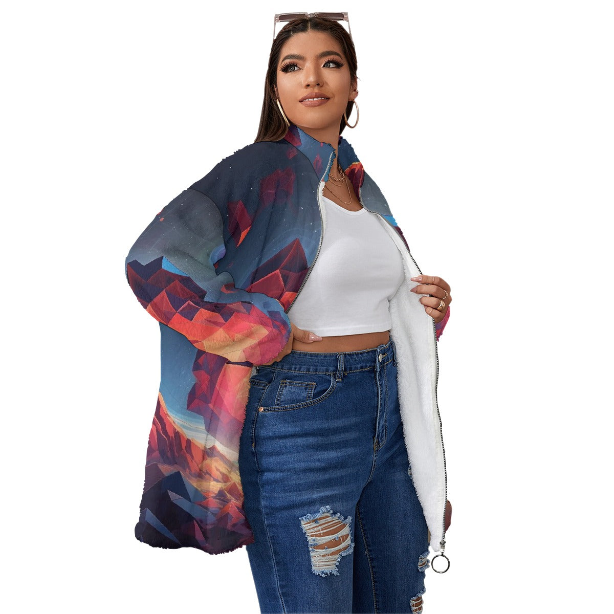 All-Over Print Unisex Borg Fleece Stand-up Collar Coat With Zipper Closure(Plus Size)