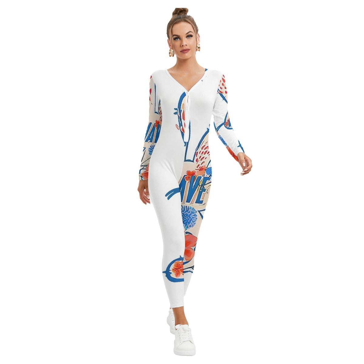 All-Over Print Women's Plunging Neck Jumpsuit