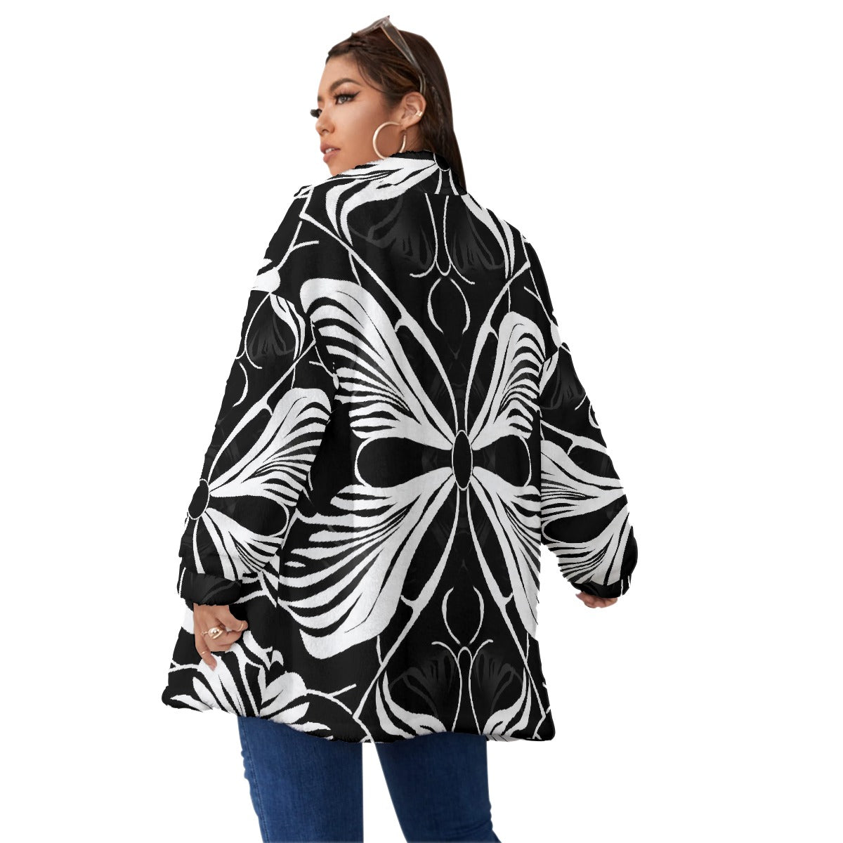 All-Over Print Unisex Borg Fleece Stand-up Collar Coat With Zipper Closure(Plus Size)