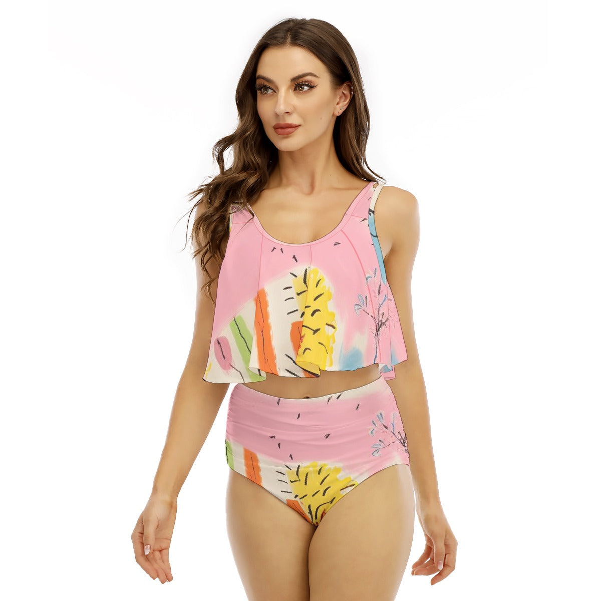 All-Over Print Women's Ruffled Vest Bikini Swimsuit