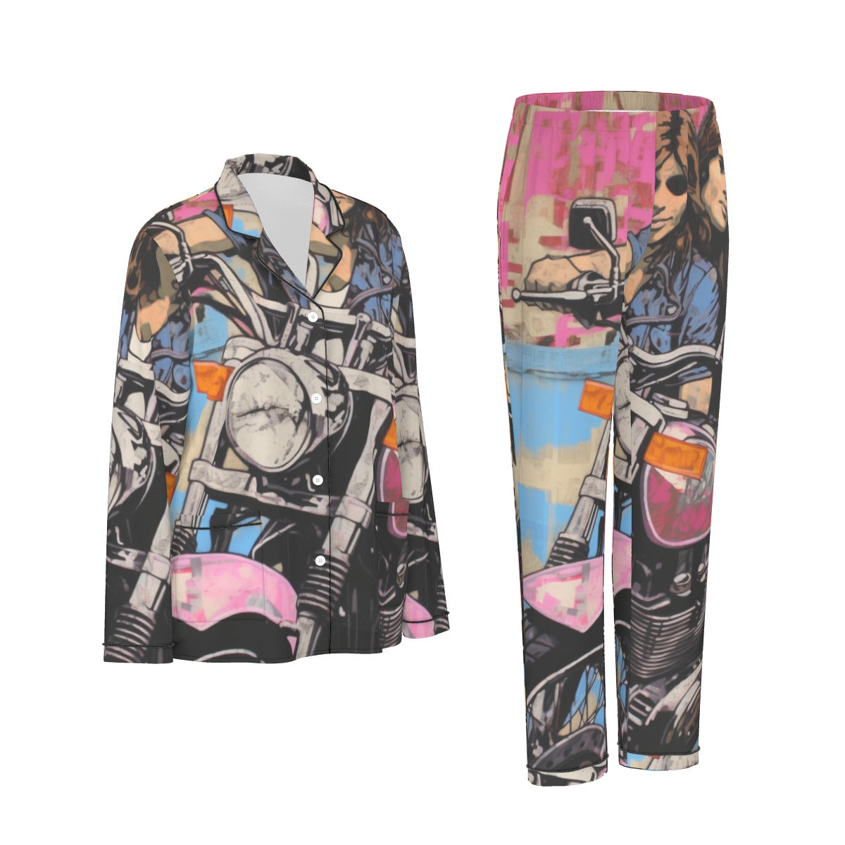 All-Over Print Women's Long Sleeve Pajama Set With Black Contrast Piping