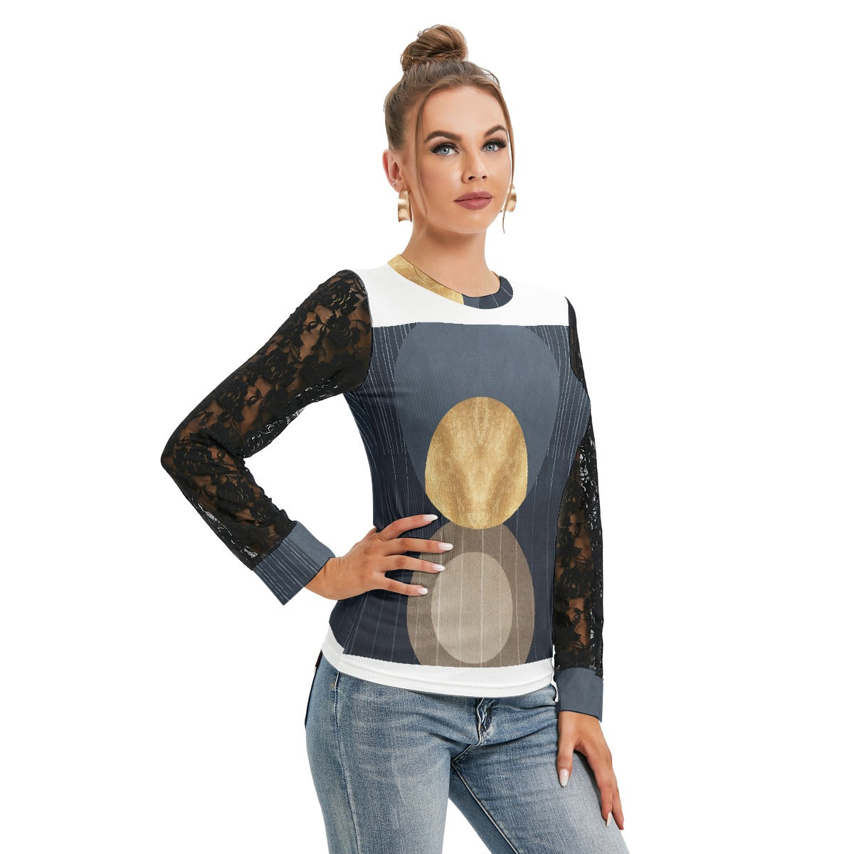 All-Over Print Women's T-shirt And Sleeve With Black Lace