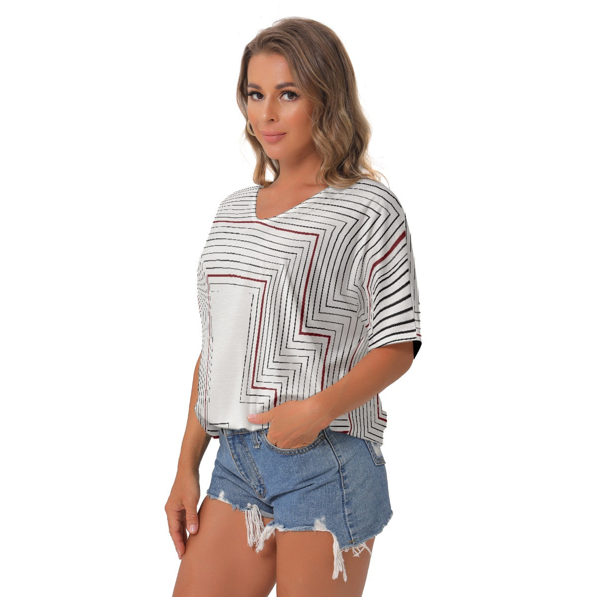 All-Over Print Women's Bat Sleeves V-Neck Blouse