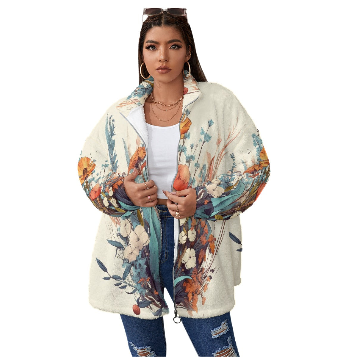 All-Over Print Unisex Borg Fleece Stand-up Collar Coat With Zipper Closure(Plus Size)