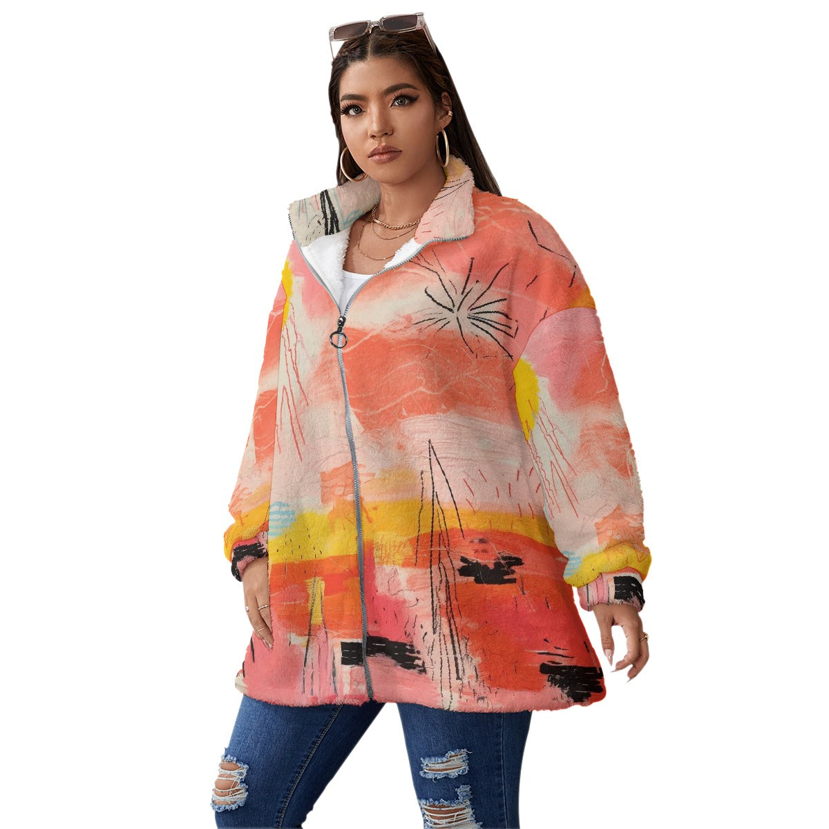 All-Over Print Unisex Borg Fleece Stand-up Collar Coat With Zipper Closure(Plus Size)
