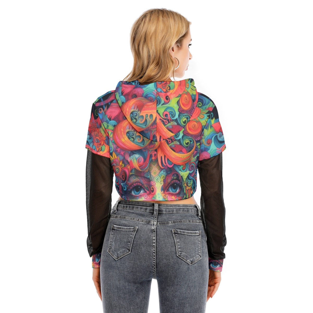 All-Over Print Women's Fake Two-piece Mesh Sleeve Cropped Hoodie