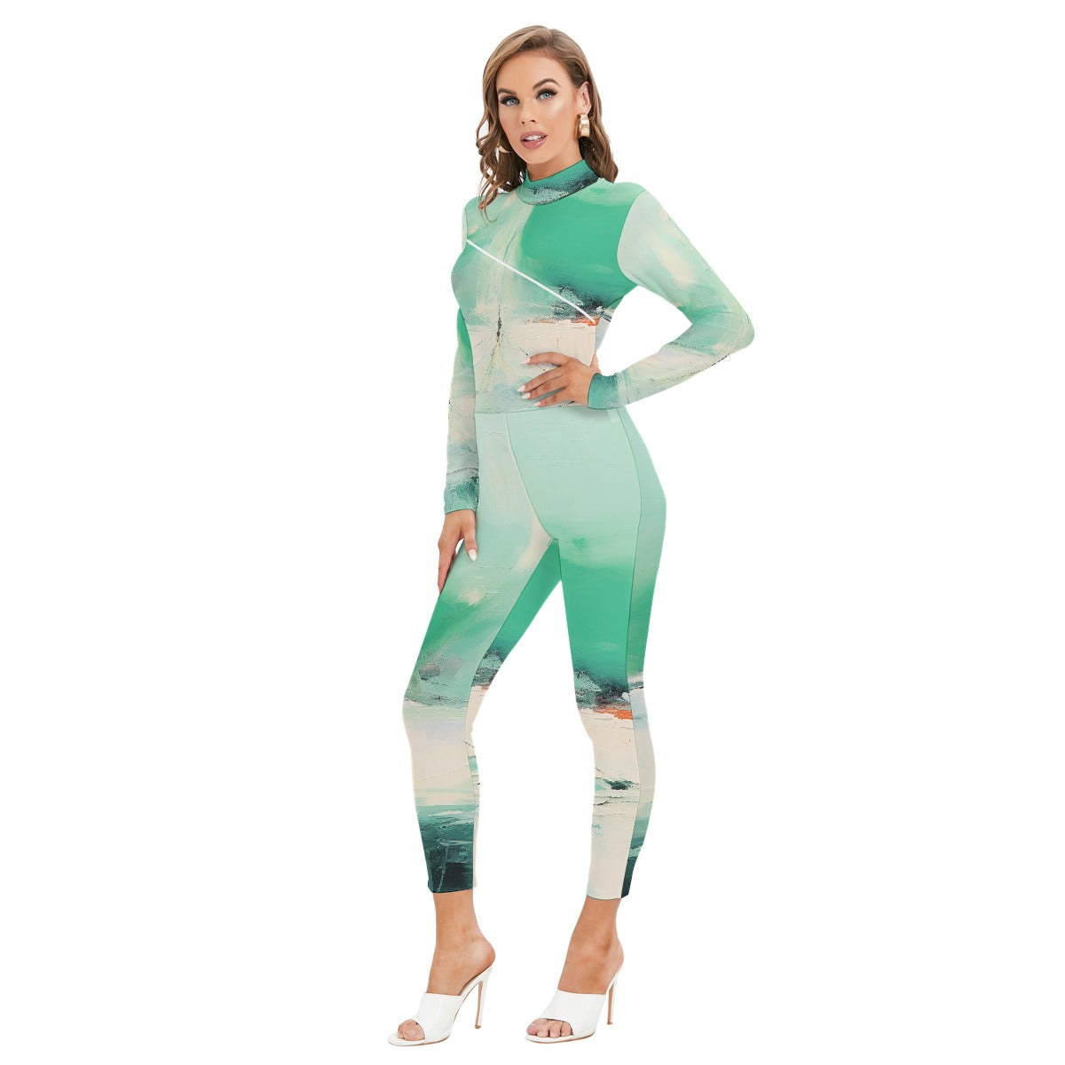 All-Over Print Women's Long-sleeved High-neck Jumpsuit With Zipper