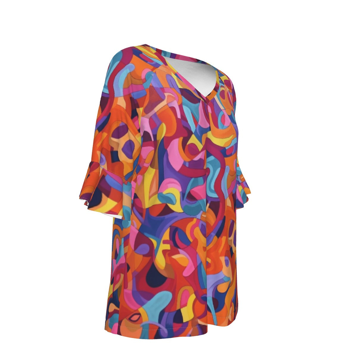 All-Over Print V-neck Women's T-shirt With Bell Sleeve