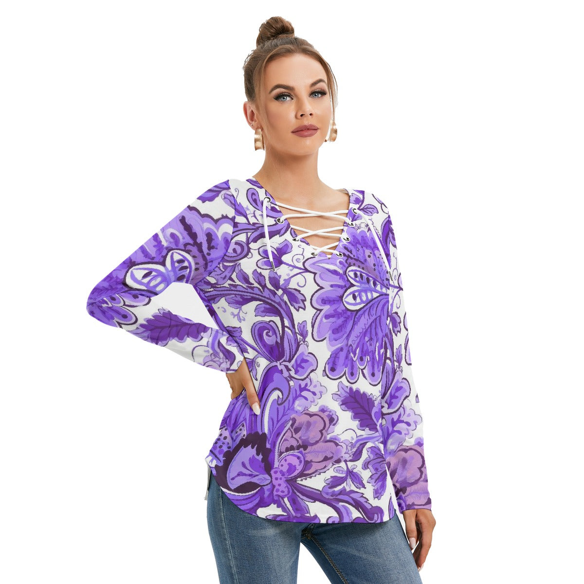 All-Over Print Women's Long Sleeve Neckline Tie Sweatshirt