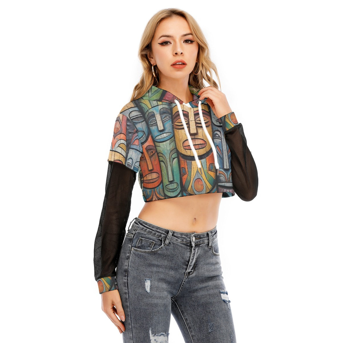 All-Over Print Women's Fake Two-piece Mesh Sleeve Cropped Hoodie