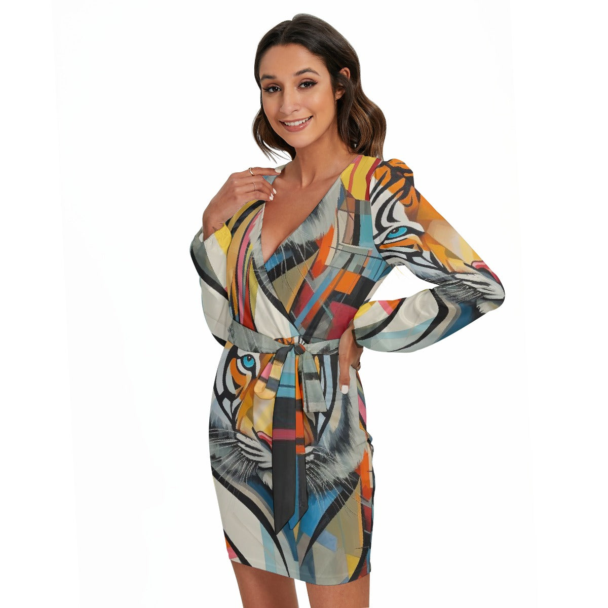 All-Over Print Women's Long Sleeve Dress With Waist Belt