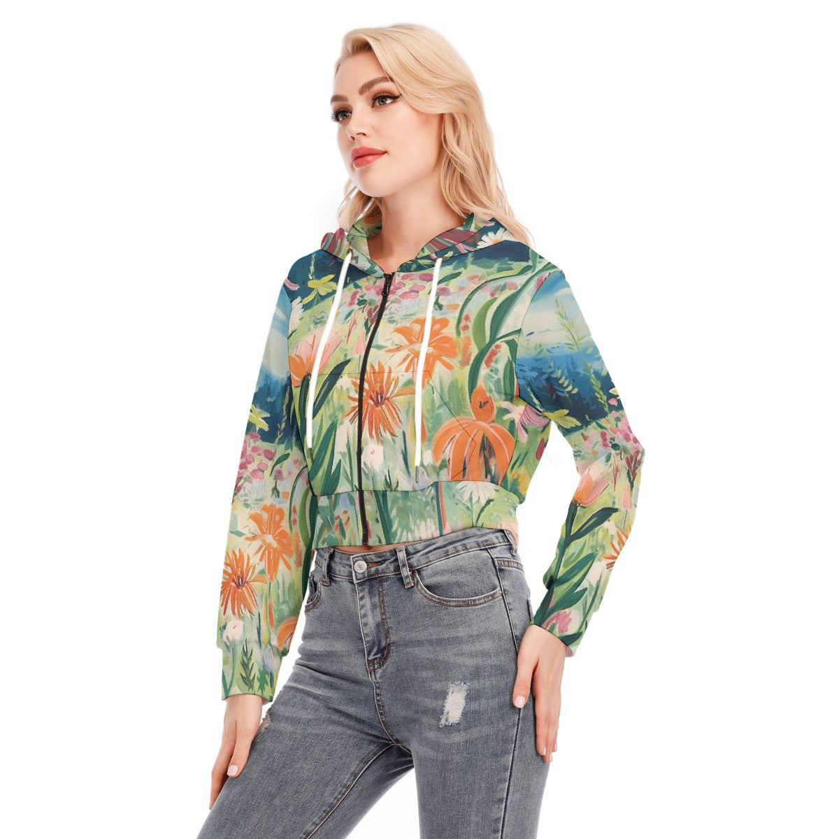 All-Over Print Women's Crop Top Hoodie With Zipper Closure