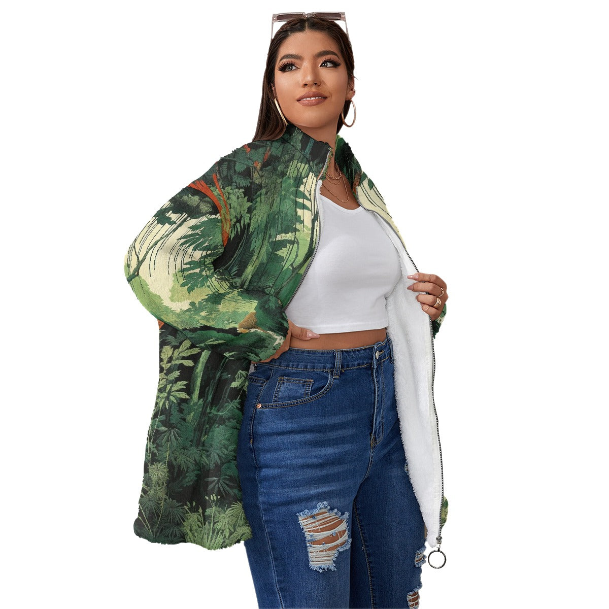 All-Over Print Unisex Borg Fleece Stand-up Collar Coat With Zipper Closure(Plus Size)