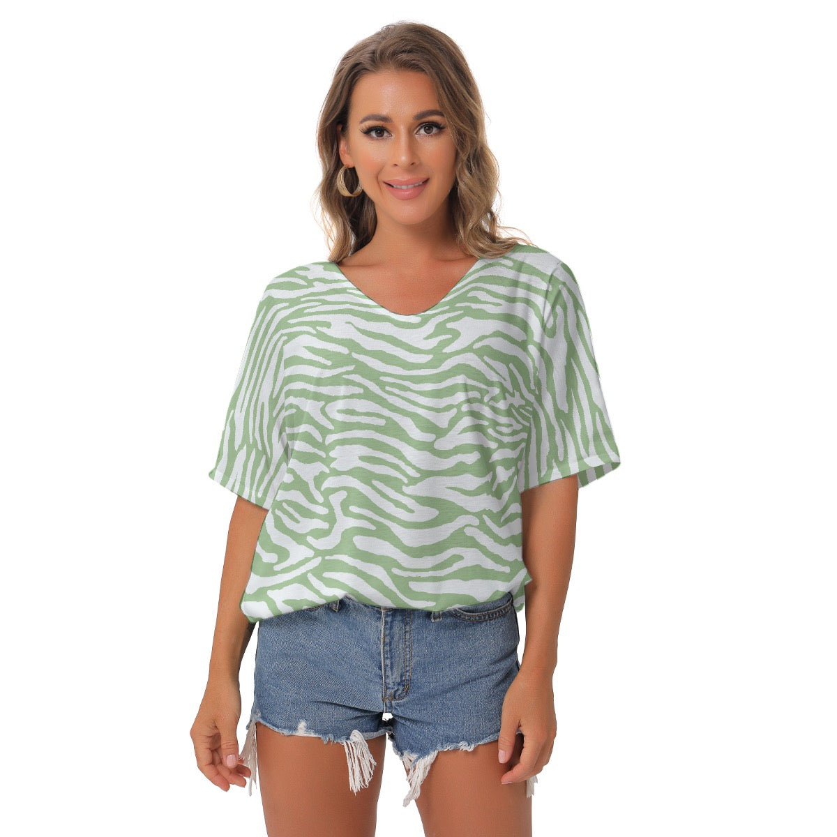 All-Over Print Women's Bat Sleeves V-Neck Blouse