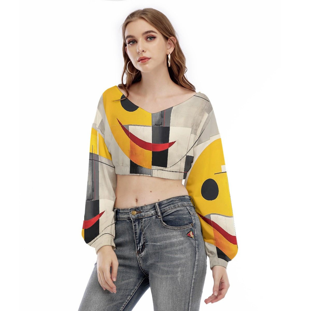 All-Over Print Women's V-neck Long Sleeve Cropped Sweatshirt