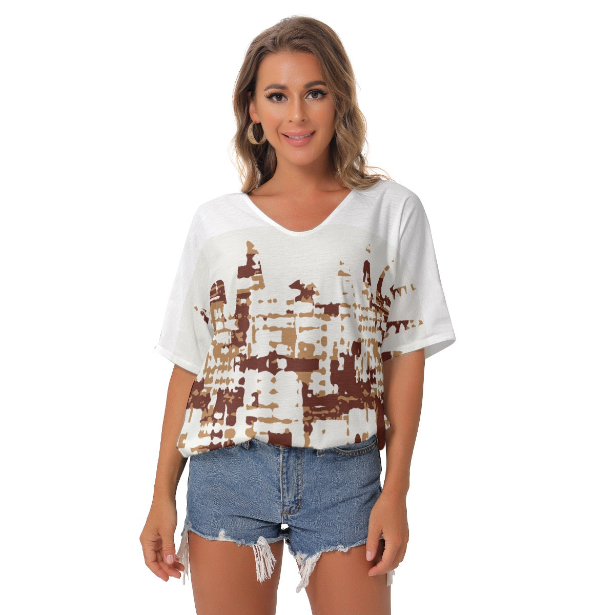 All-Over Print Women's Bat Sleeves V-Neck Blouse