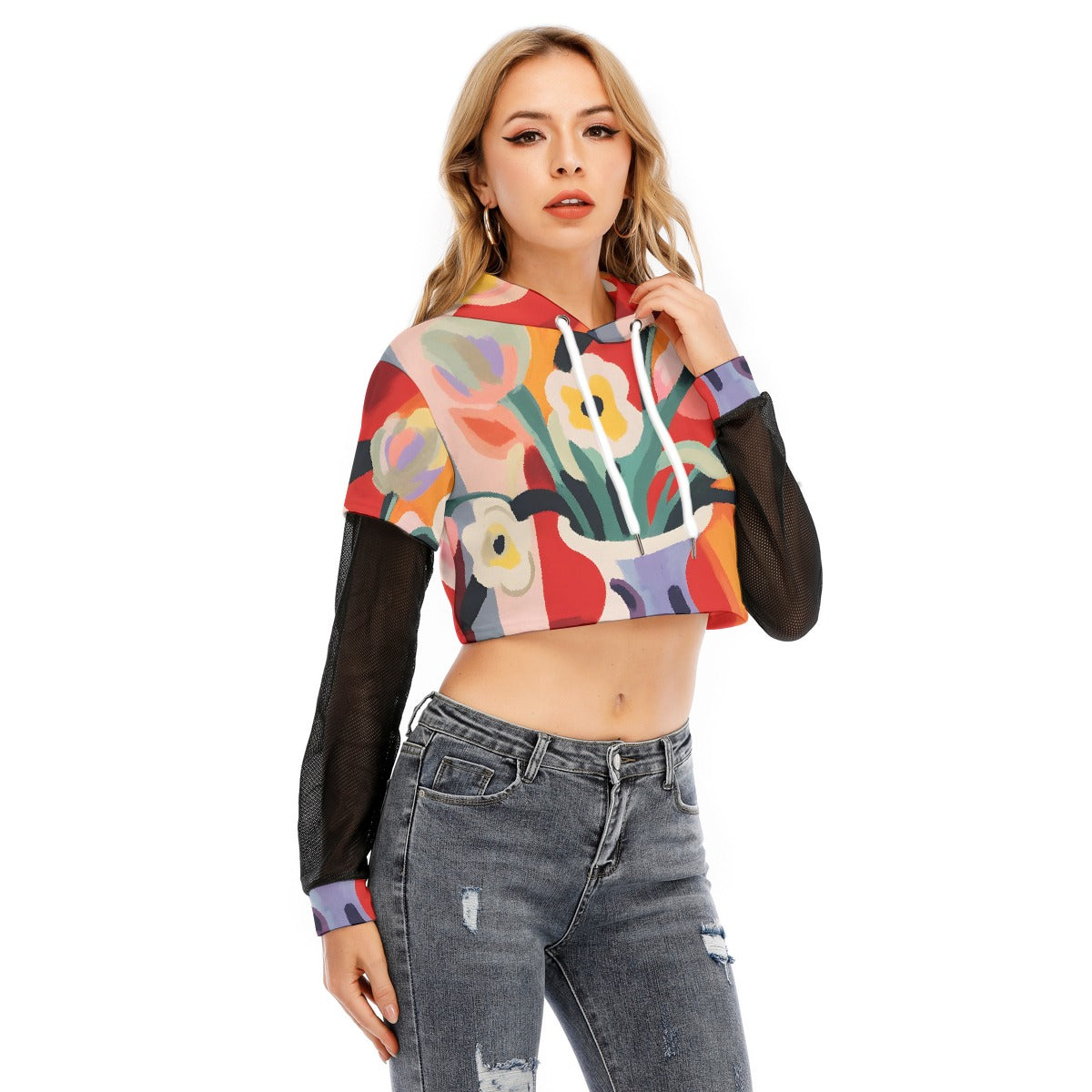 All-Over Print Women's Fake Two-piece Mesh Sleeve Cropped Hoodie