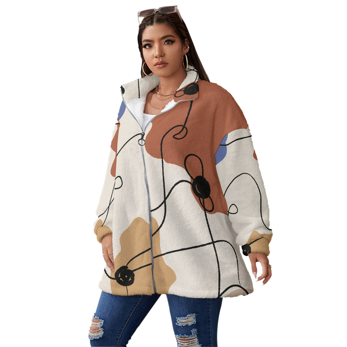 All-Over Print Unisex Borg Fleece Stand-up Collar Coat With Zipper Closure(Plus Size)