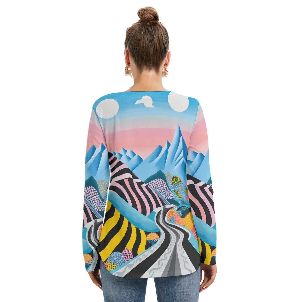 All-Over Print Women's Long Sleeve Neckline Tie Sweatshirt