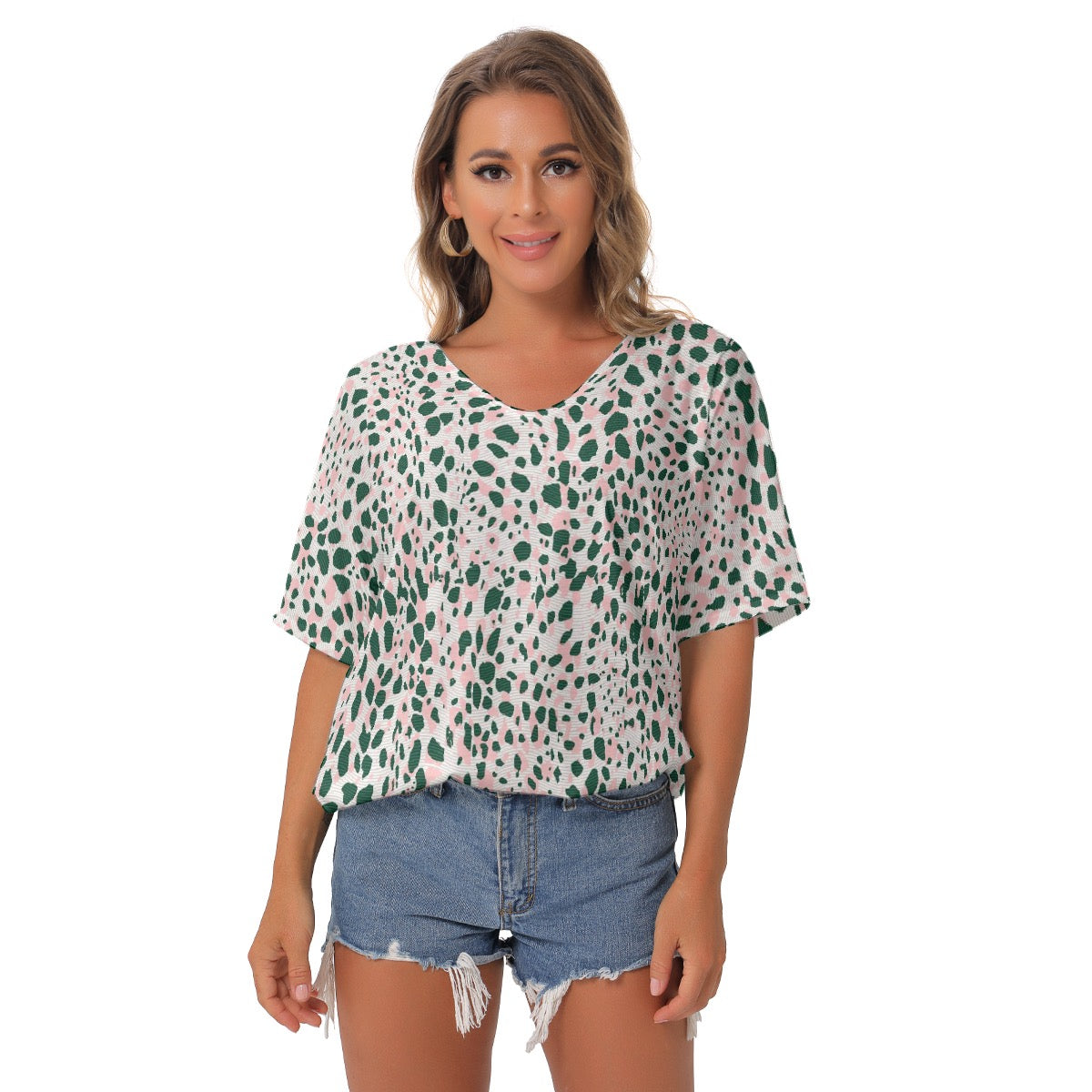 All-Over Print Women's Bat Sleeves V-Neck Blouse