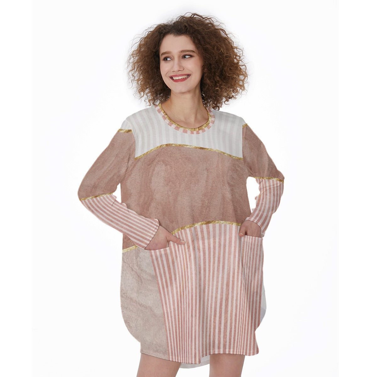 All-Over Print Women's Casual Loose Long Sleeve Dress With Pocket