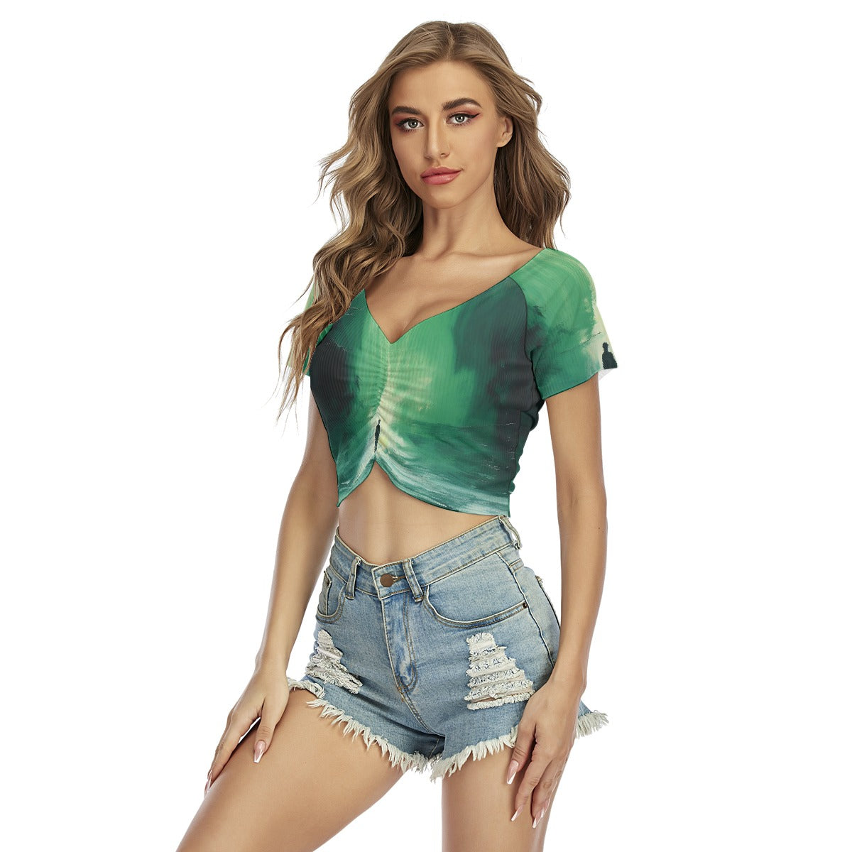 All-Over Print Women's Raglan Drawstring Front  Crop Tee