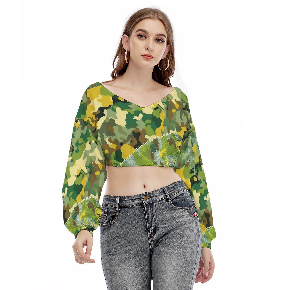 All-Over Print Women's V-neck Long Sleeve Cropped Sweatshirt