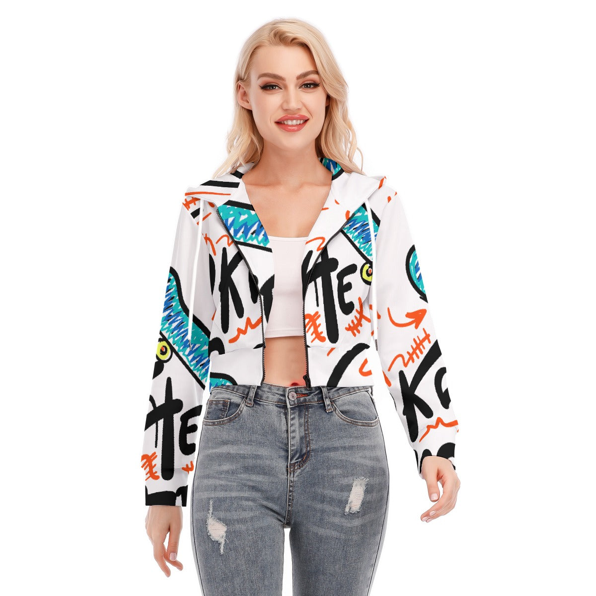 All-Over Print Women's Crop Top Hoodie With Zipper Closure