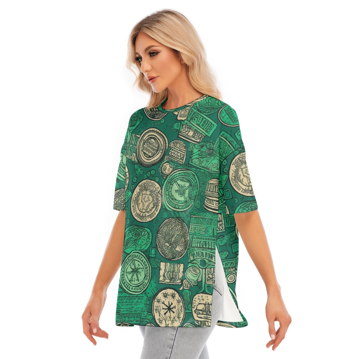 All-Over Print Women's Short Sleeves T-shirt With Hem Split