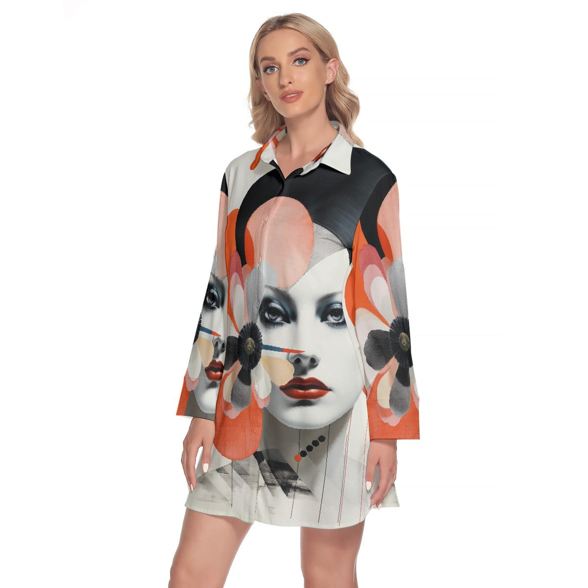 All-Over Print Women's Lapel Shirt Dress With Long Sleeve