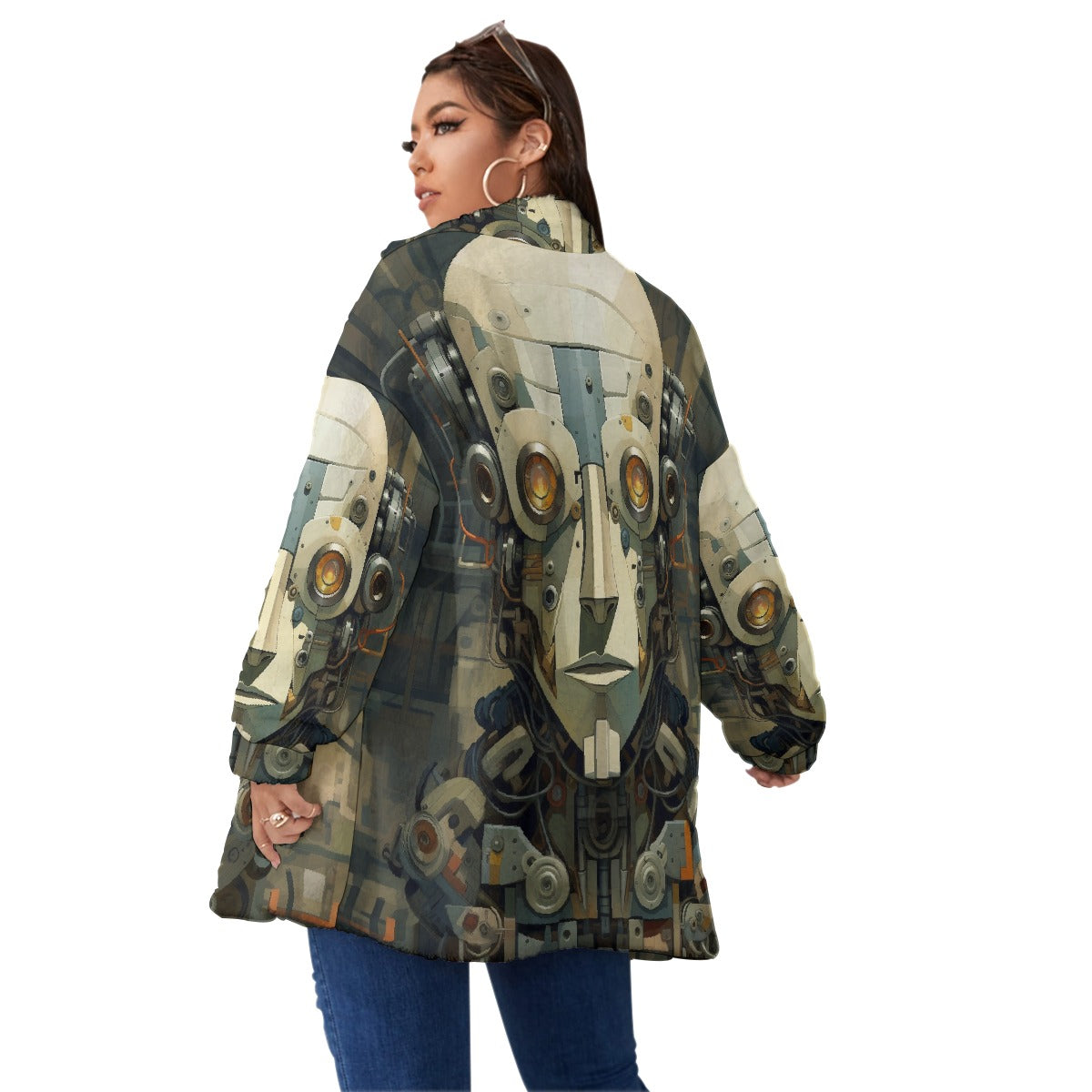 All-Over Print Unisex Borg Fleece Stand-up Collar Coat With Zipper Closure(Plus Size)