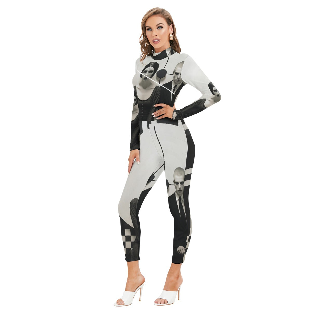 All-Over Print Women's Long-sleeved High-neck Jumpsuit With Zipper