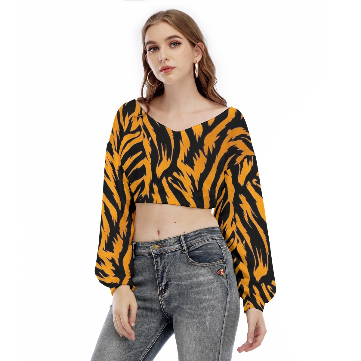 All-Over Print Women's V-neck Long Sleeve Cropped Sweatshirt