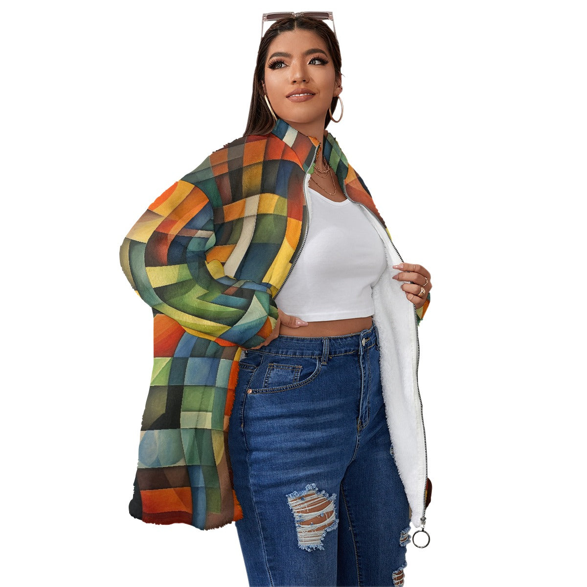 All-Over Print Unisex Borg Fleece Stand-up Collar Coat With Zipper Closure(Plus Size)