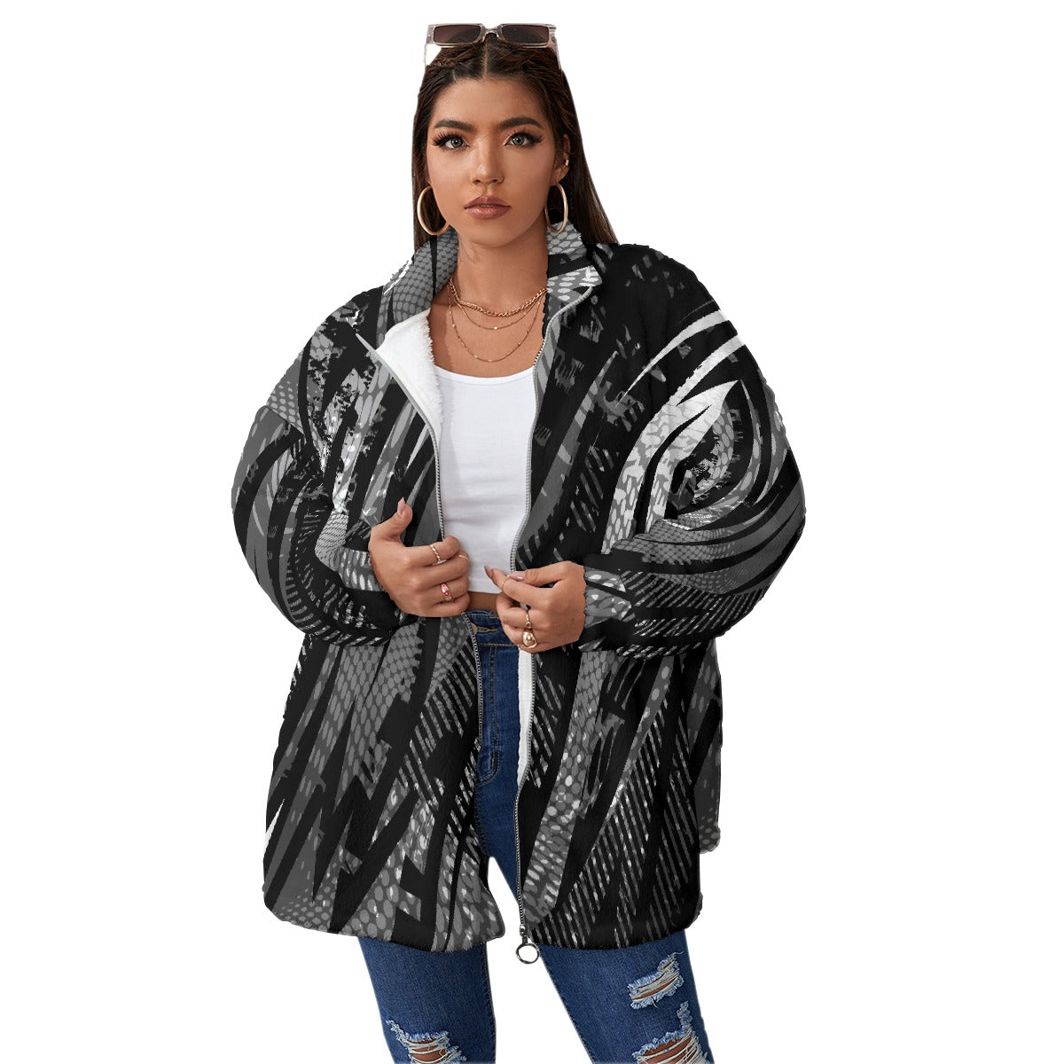 All-Over Print Unisex Borg Fleece Stand-up Collar Coat With Zipper Closure(Plus Size)
