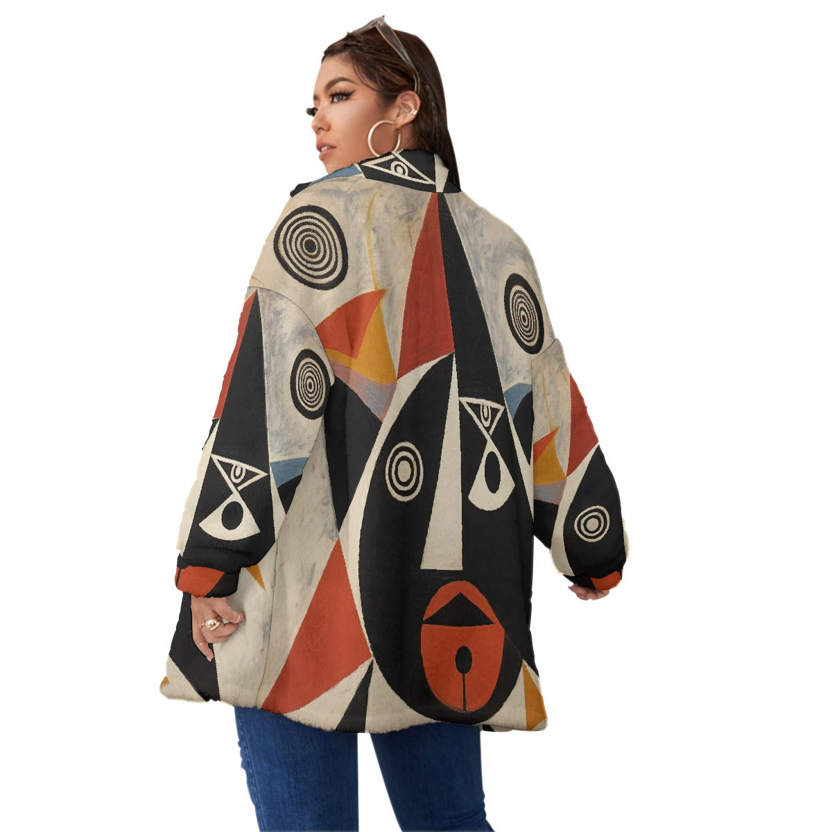 All-Over Print Unisex Borg Fleece Stand-up Collar Coat With Zipper Closure(Plus Size)