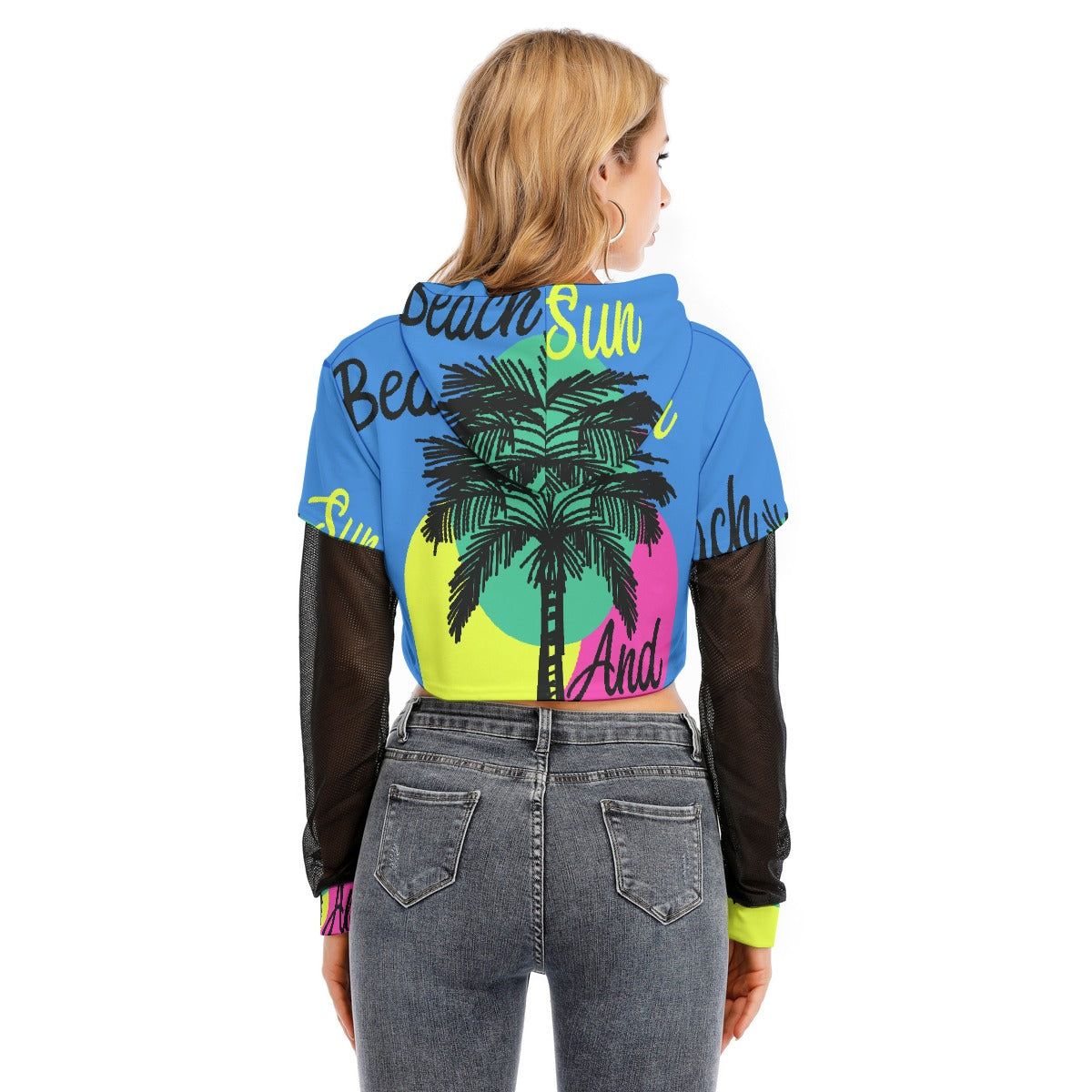 All-Over Print Women's Fake Two-piece Mesh Sleeve Cropped Hoodie