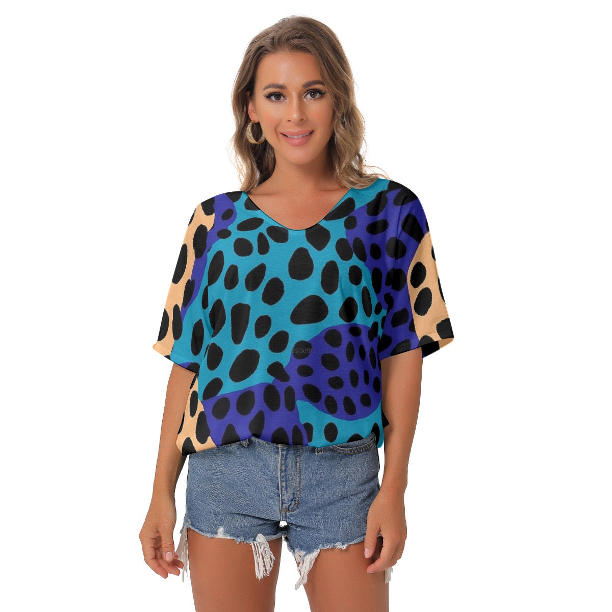 All-Over Print Women's Bat Sleeves V-Neck Blouse