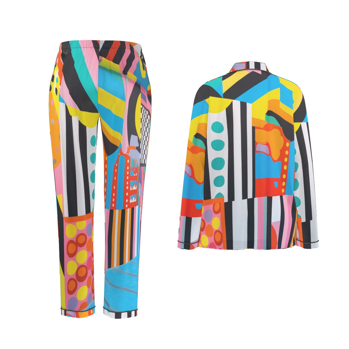 All-Over Print Women's Long Sleeve Pajama Set With Black Contrast Piping